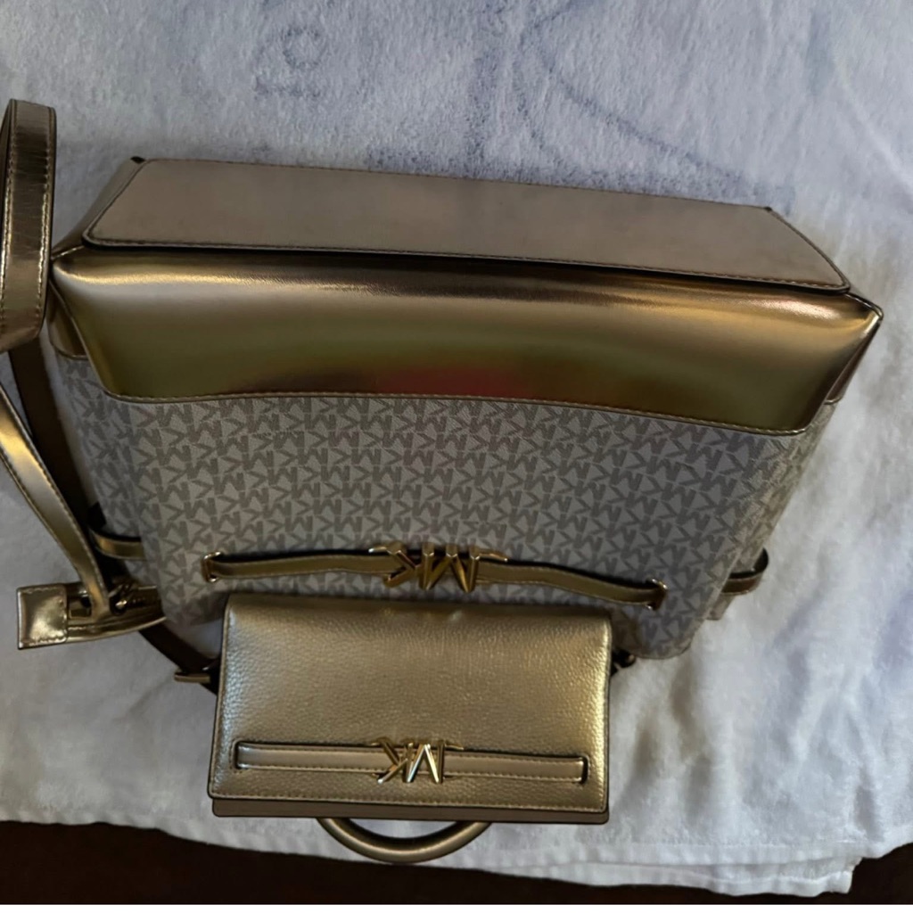 Metallic Gold Logo-Accent Women's Backpack And Wallet Set
